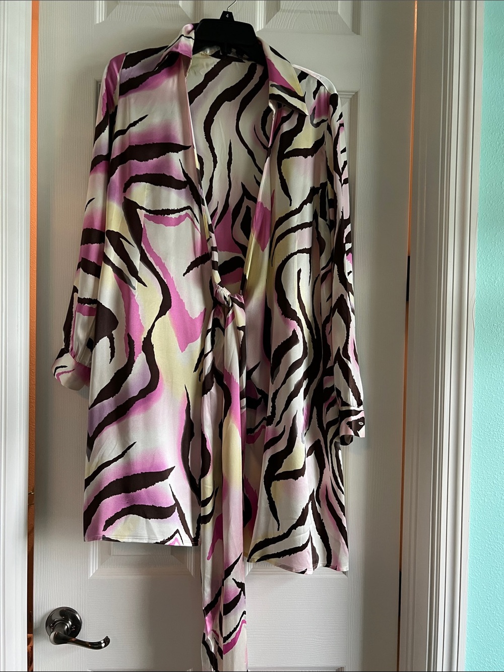 Boston Proper Pink, Brown  & Cream Silk Zebra-Print Tie-Front Mini Shirt Dress